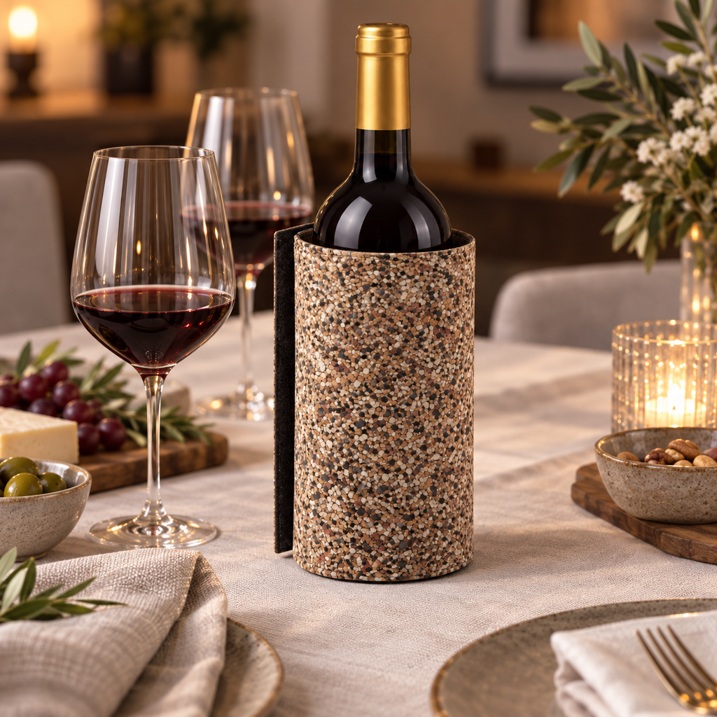 Mix Finish cork wine bottle sleeve on a dining table with linen, wine glasses and tableware.