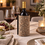 Mix Finish cork wine bottle sleeve on a dining table with linen, wine glasses and tableware.