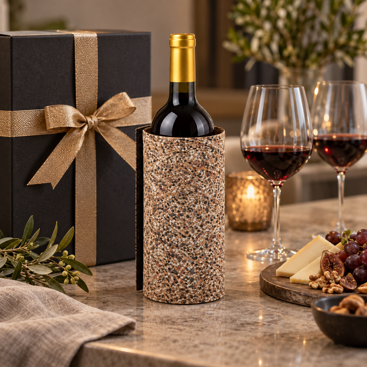 Mix Finish cork wine bottle sleeve in a gift presentation setting beside a wrapped box and wine glasses.