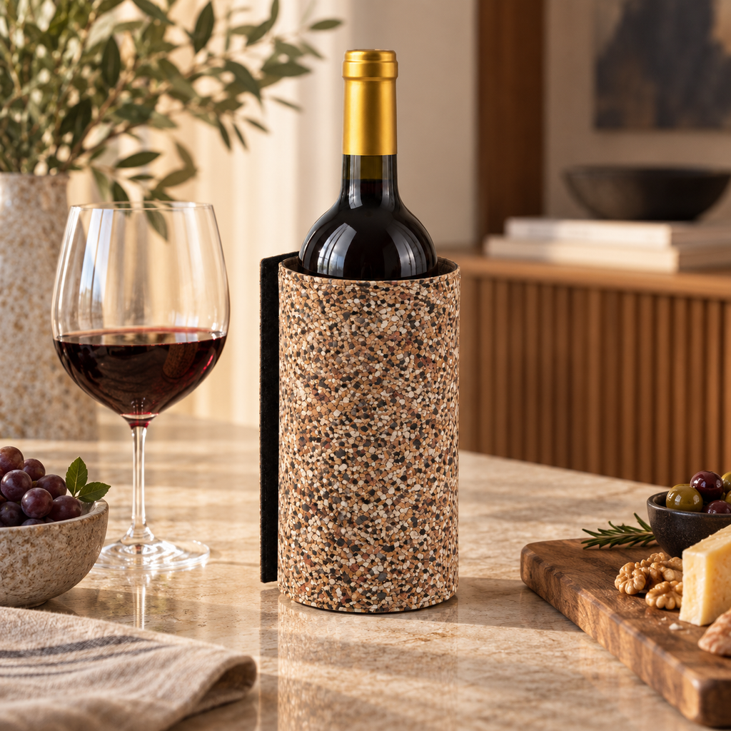 Mix Finish cork wine bottle sleeve as the focal point of a warmly lit table setting with glassware and serving dishes.