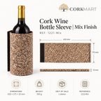 CorkMart infographic for the Mix Finish cork wine bottle sleeve, showing 420 × 175 × 10 mm dimensions, 390 g weight and one sleeve per unit.