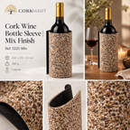 CorkMart editorial collage of the Mix Finish cork wine bottle sleeve, with product views, surface details and a dining presentation.