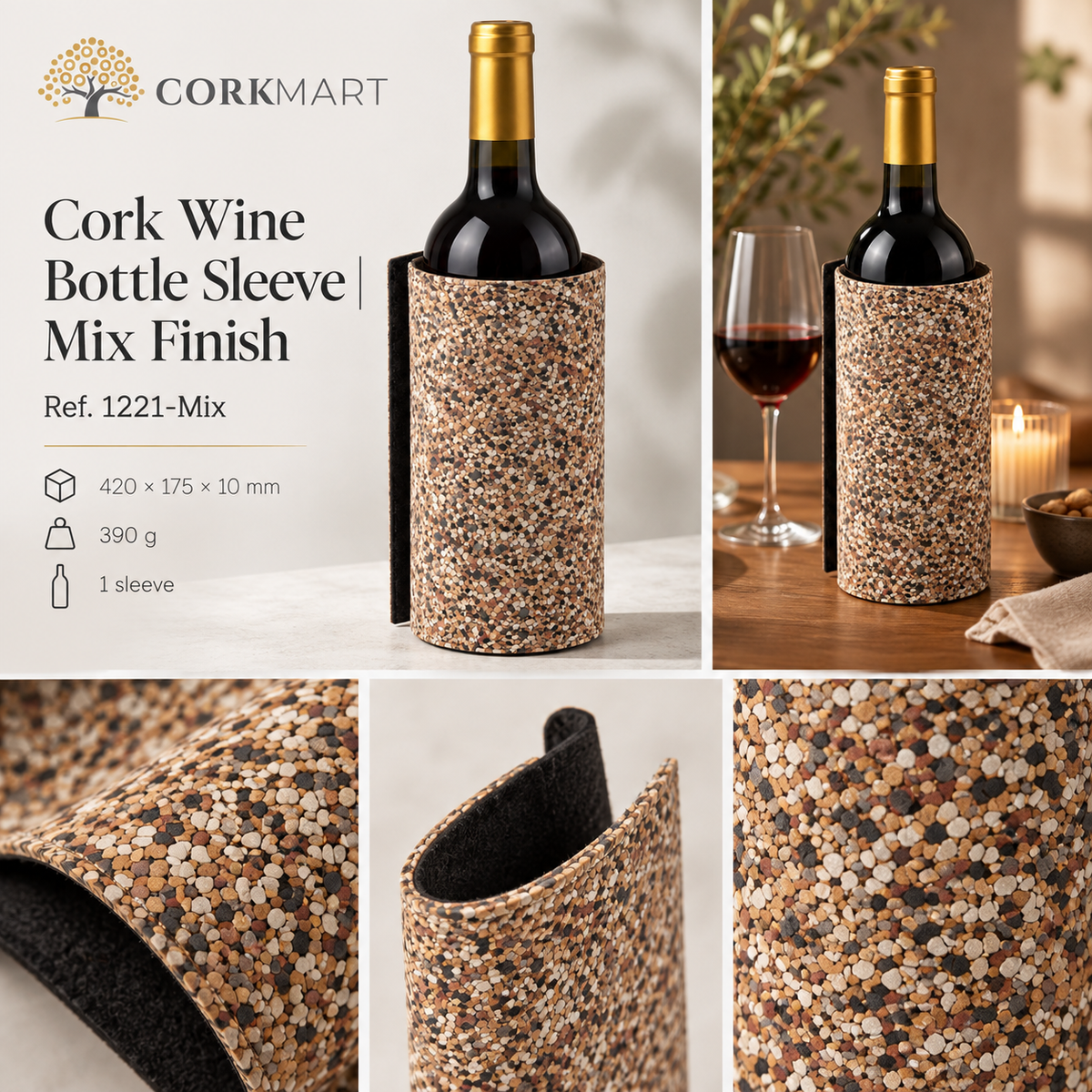 CorkMart editorial collage of the Mix Finish cork wine bottle sleeve, with product views, surface details and a dining presentation.