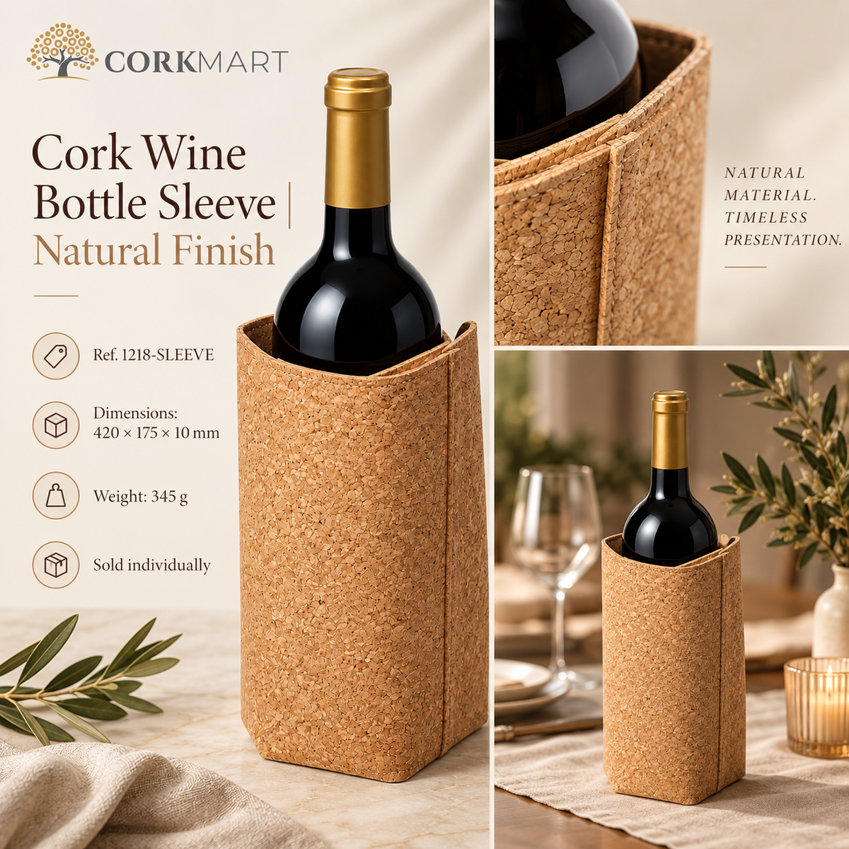 CorkMart editorial collage for Cork Wine Bottle Sleeve | Natural Finish