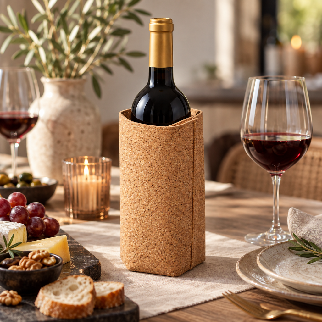 Cork Wine Bottle Sleeve | Natural Finish — premium wine table lifestyle