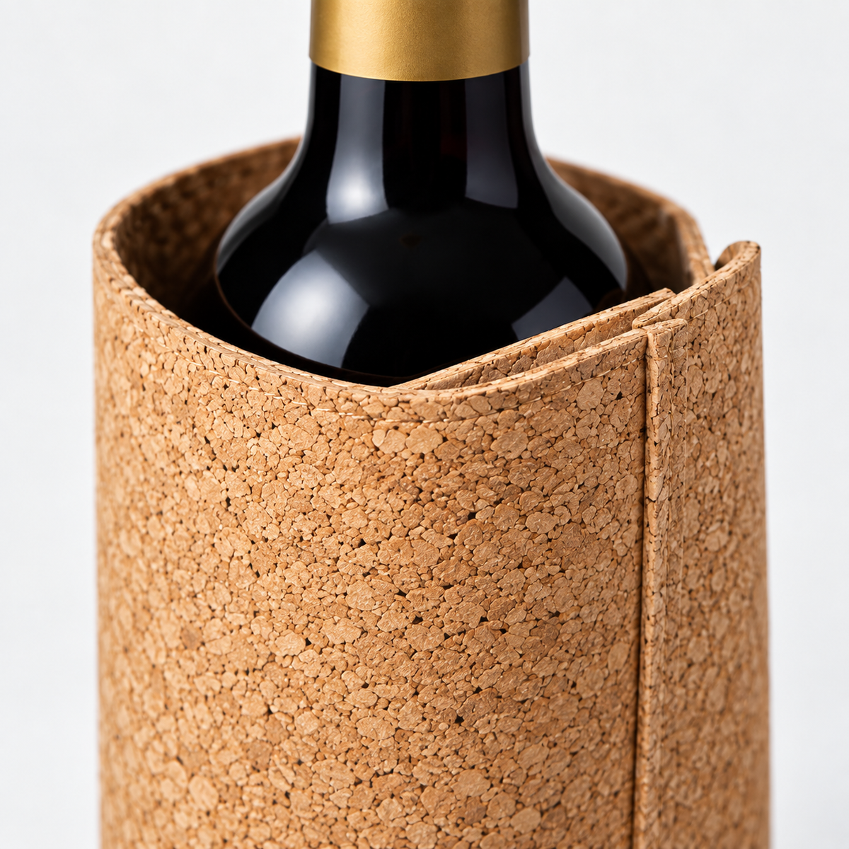 Cork Wine Bottle Sleeve | Natural Finish — macro cork texture and edge detail