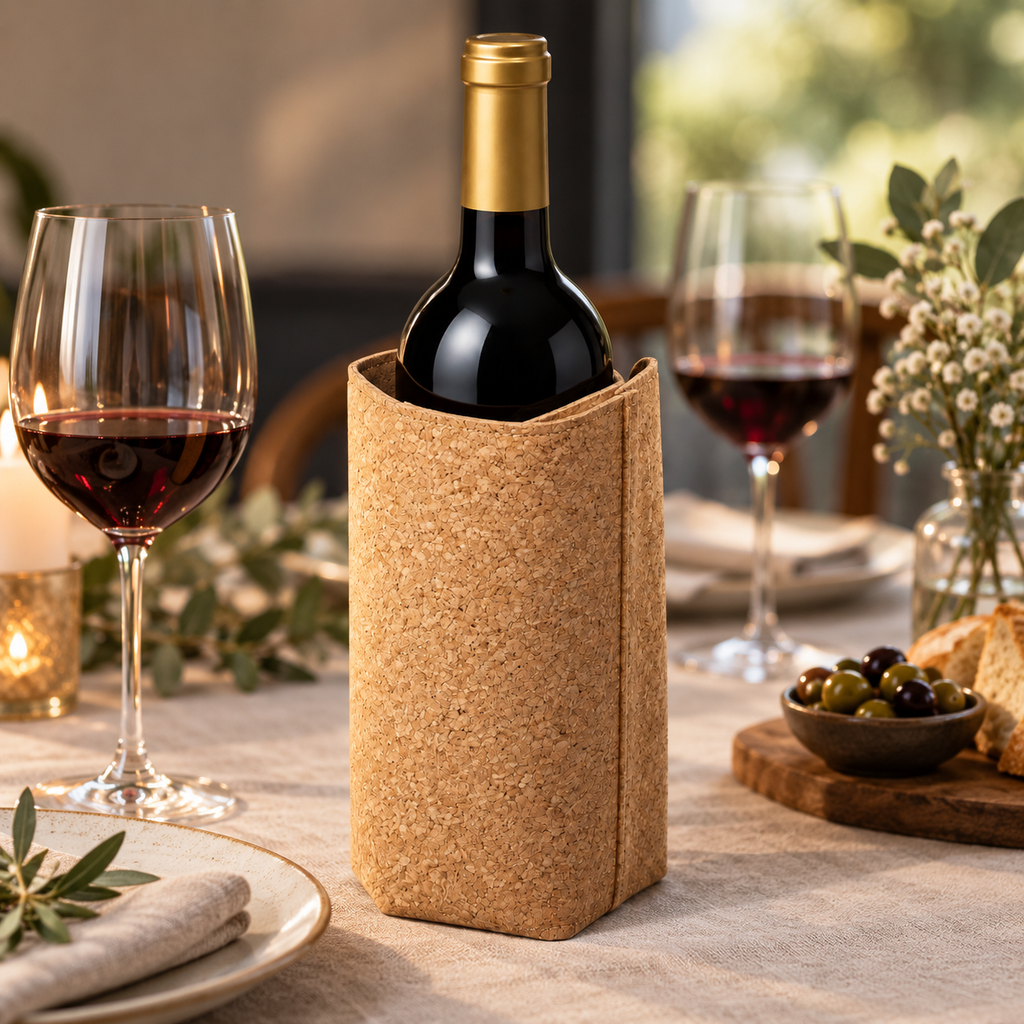 Cork Wine Bottle Sleeve | Natural Finish — wine presentation in a dining setting