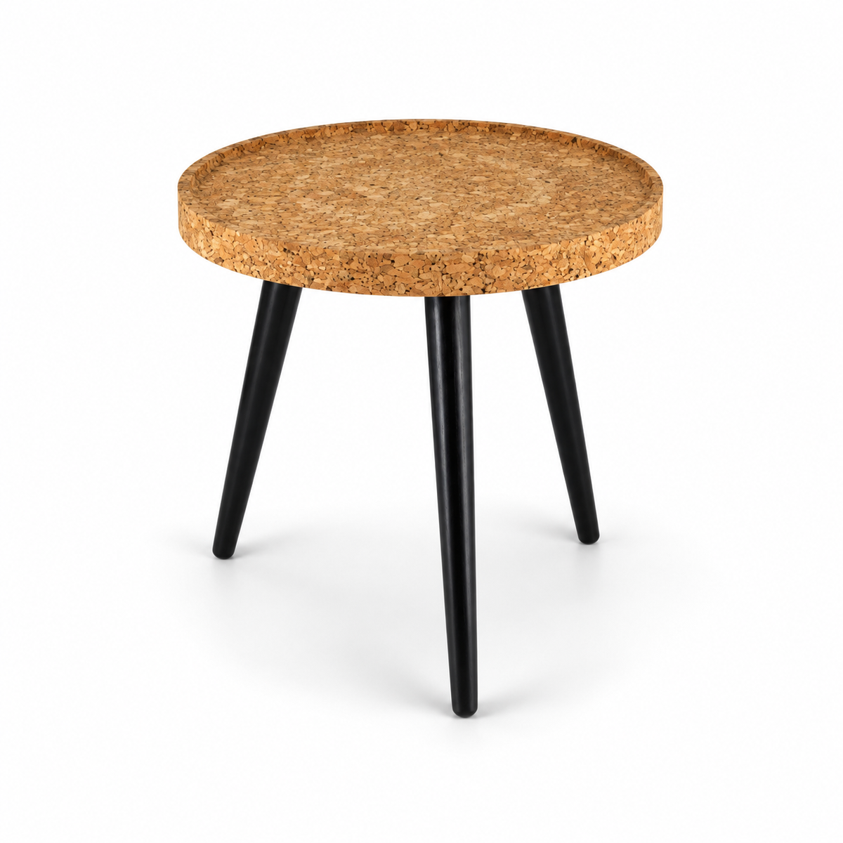 Cork & Wood Side Table, angled studio view showing round cork top and three dark wooden legs