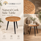 Cork & Wood Side Table editorial collage with official CorkMart logo, real use, cork texture and dimensions