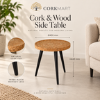 Cork & Wood Side Table infographic with official CorkMart logo, Ø420 × H440 mm dimensions, natural cork top and three wooden legs