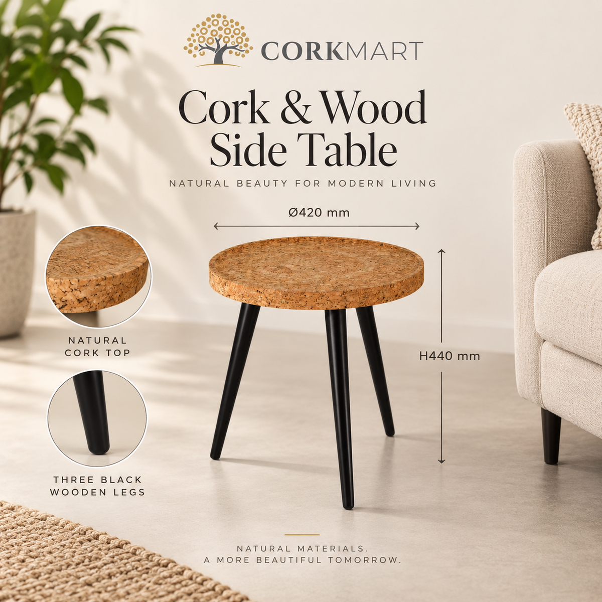 Cork & Wood Side Table infographic with official CorkMart logo, Ø420 × H440 mm dimensions, natural cork top and three wooden legs