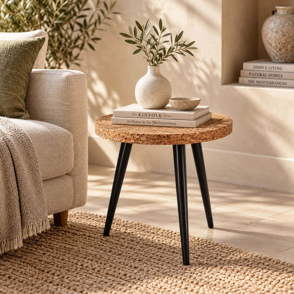 Cork & Wood Side Table in a warm Mediterranean-inspired living interior