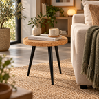 Cork & Wood Side Table used beside a sofa with books, coffee and a plant
