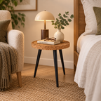 Cork & Wood Side Table used as a bedside or reading-side table with lamp and books