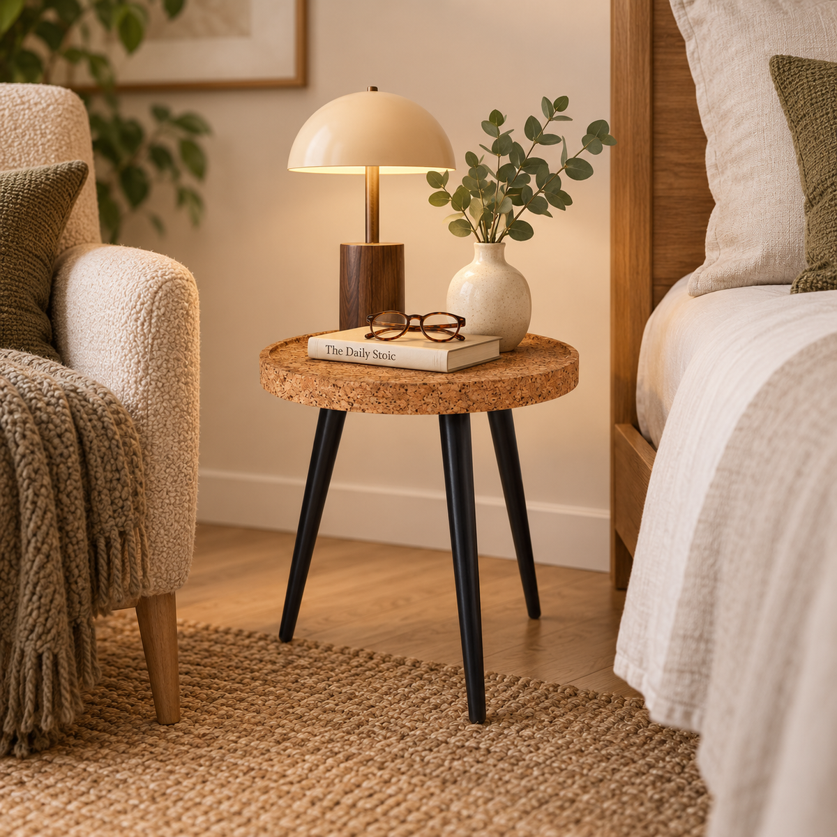 Cork & Wood Side Table used as a bedside or reading-side table with lamp and books