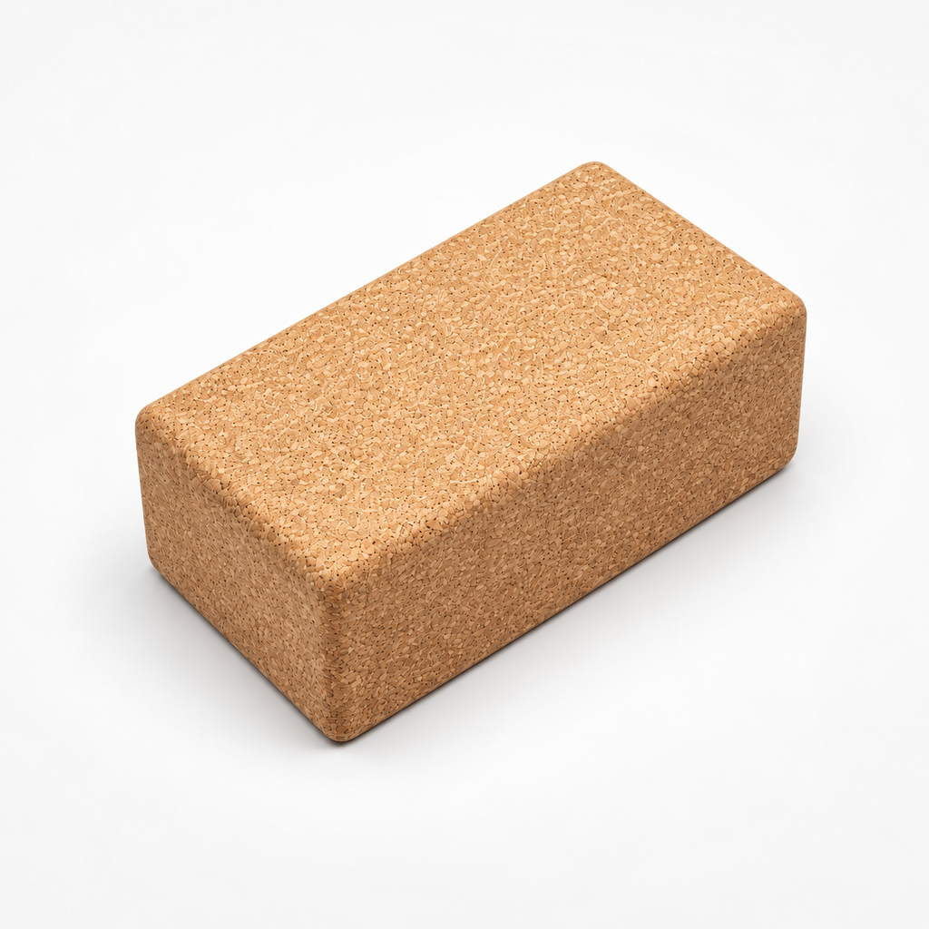 Cork yoga block, 227 × 120 × 65 mm, angled studio view showing rounded edges and natural cork texture