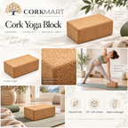 Cork yoga block editorial collage with official CorkMart logo, product angle, texture, use and dimensions