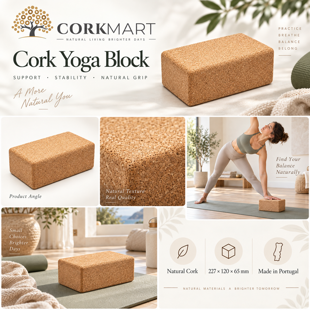 Cork yoga block editorial collage with official CorkMart logo, product angle, texture, use and dimensions