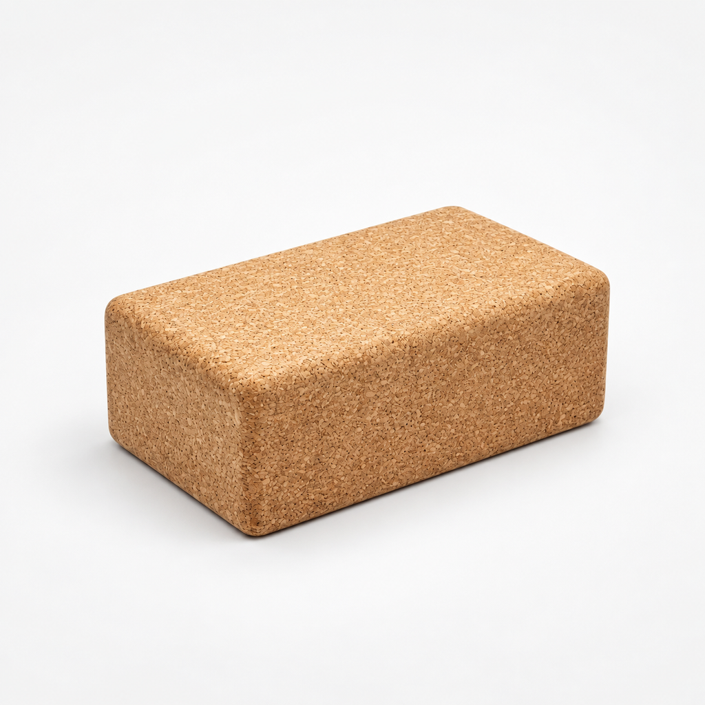 Cork yoga block, 227 × 120 × 65 mm, natural cork on white background