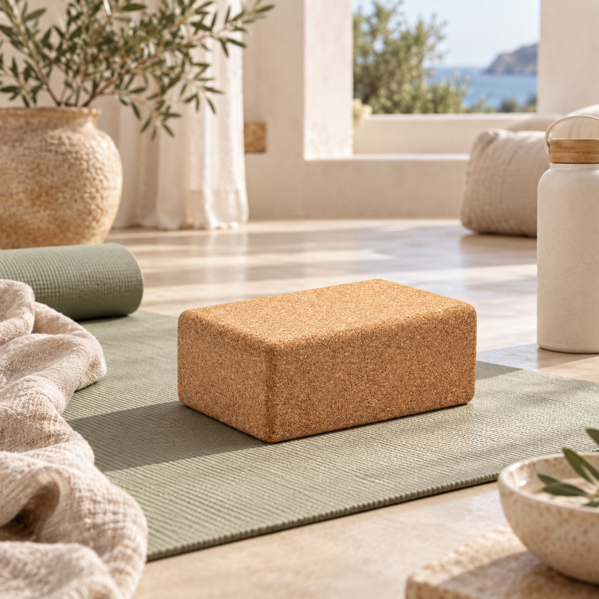 Cork yoga block in a warm Mediterranean-inspired wellness studio