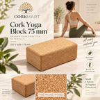 Cork yoga block 75 mm editorial collage with official CorkMart logo, product angle, texture, use and dimensions