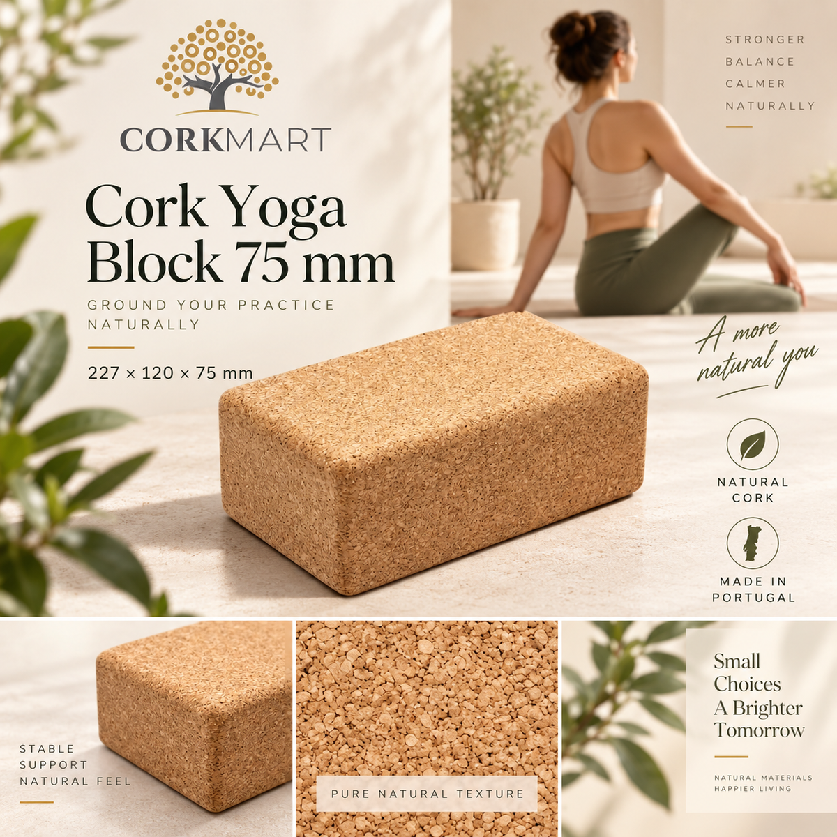 Cork yoga block 75 mm editorial collage with official CorkMart logo, product angle, texture, use and dimensions