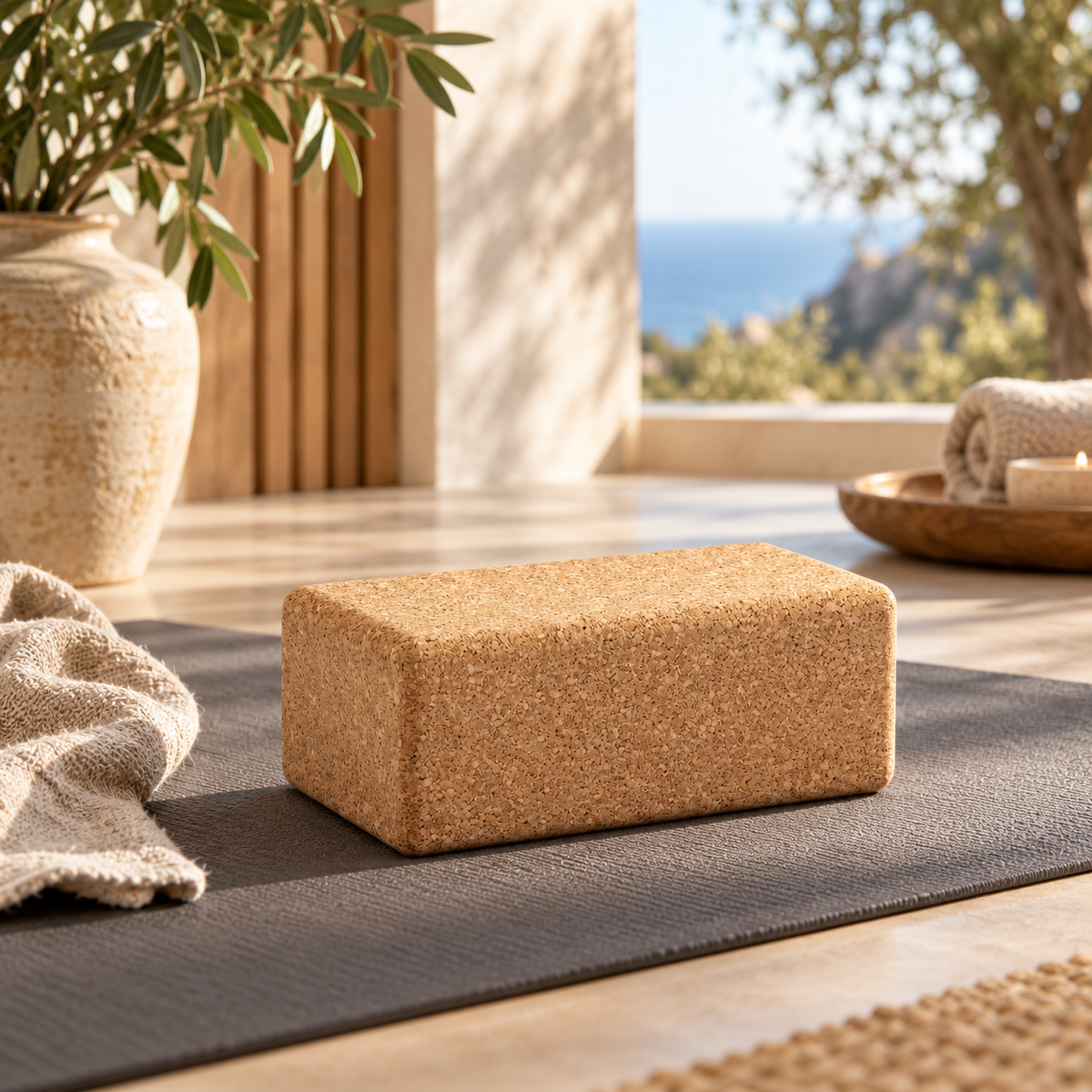 Cork yoga block 75 mm in a warm Mediterranean-inspired wellness studio