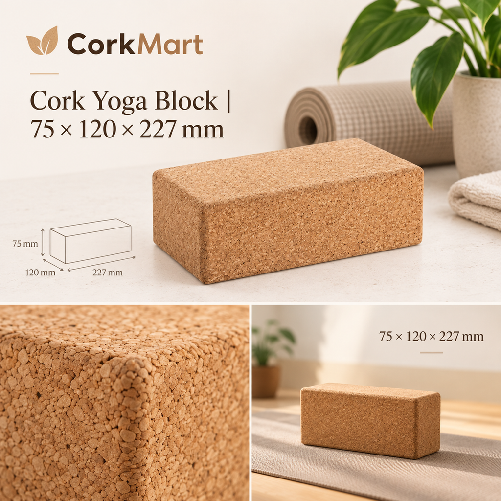 Cork Yoga Block 75 × 120 × 227 mm editorial collage with CorkMart branding