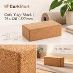 Cork Yoga Block 75 × 120 × 227 mm editorial collage with CorkMart branding
