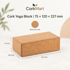 Cork Yoga Block 75 × 120 × 227 mm infographic with CorkMart branding