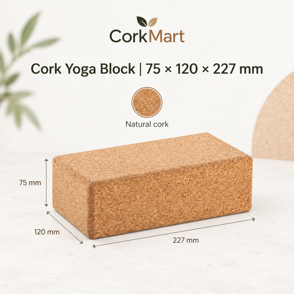Cork Yoga Block 75 × 120 × 227 mm infographic with CorkMart branding