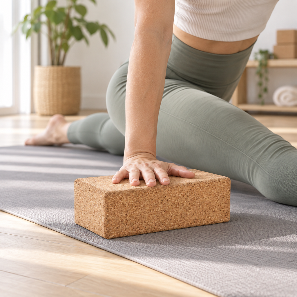 Cork Yoga Block used as hand support during a floor stretch