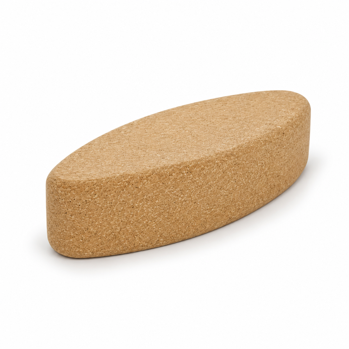 Cork Yoga Egg Block, 305 × 120 × 75 mm, angled studio view showing elongated egg-shaped profile