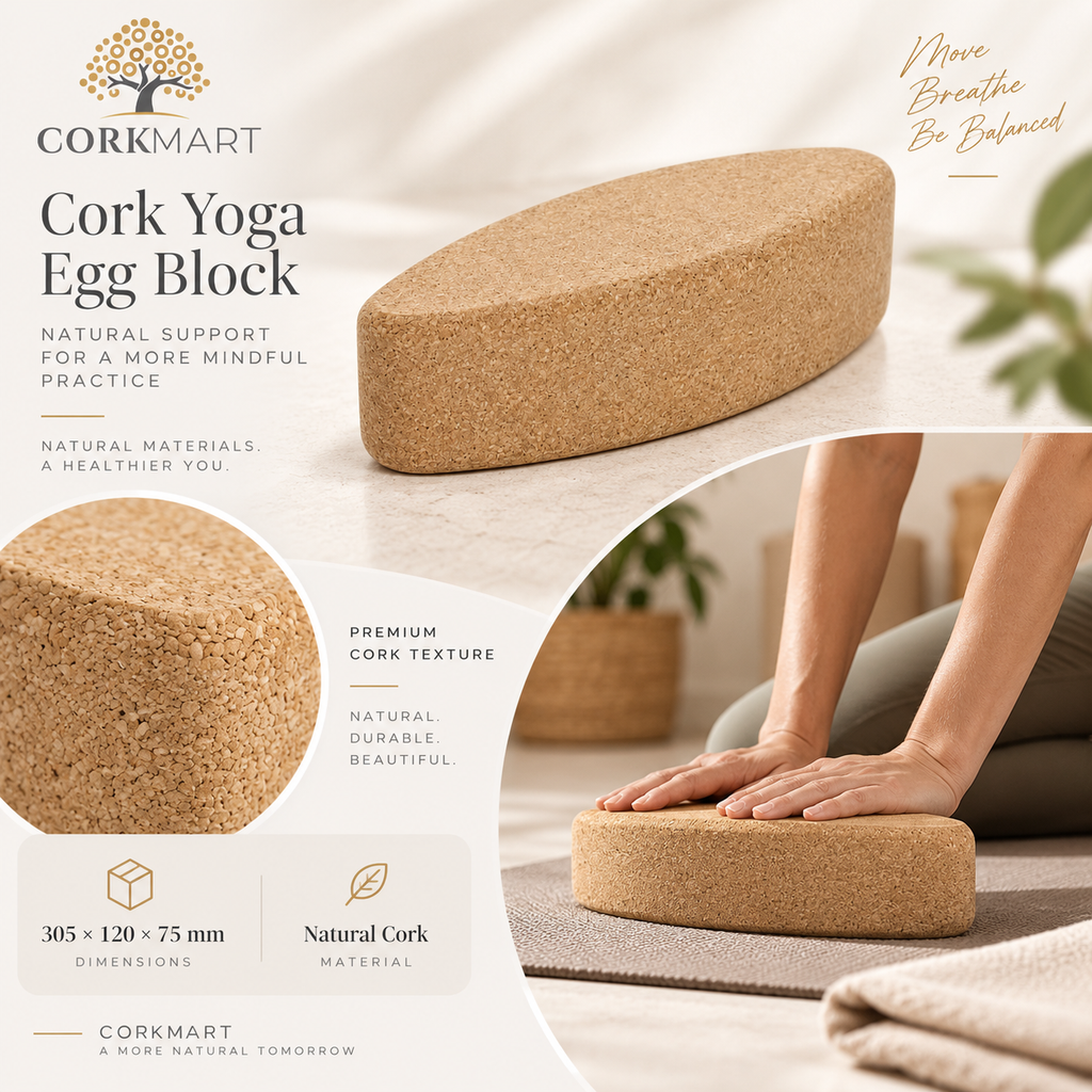 Cork Yoga Egg Block editorial collage with official CorkMart logo, product texture, use and dimensions