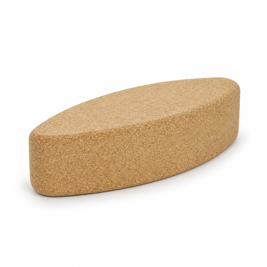 Cork Yoga Egg Block, 305 × 120 × 75 mm, natural cork on white background