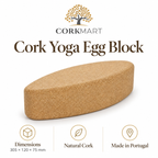 Cork Yoga Egg Block infographic with official CorkMart logo, 305 × 120 × 75 mm dimensions, natural cork and Made in Portugal