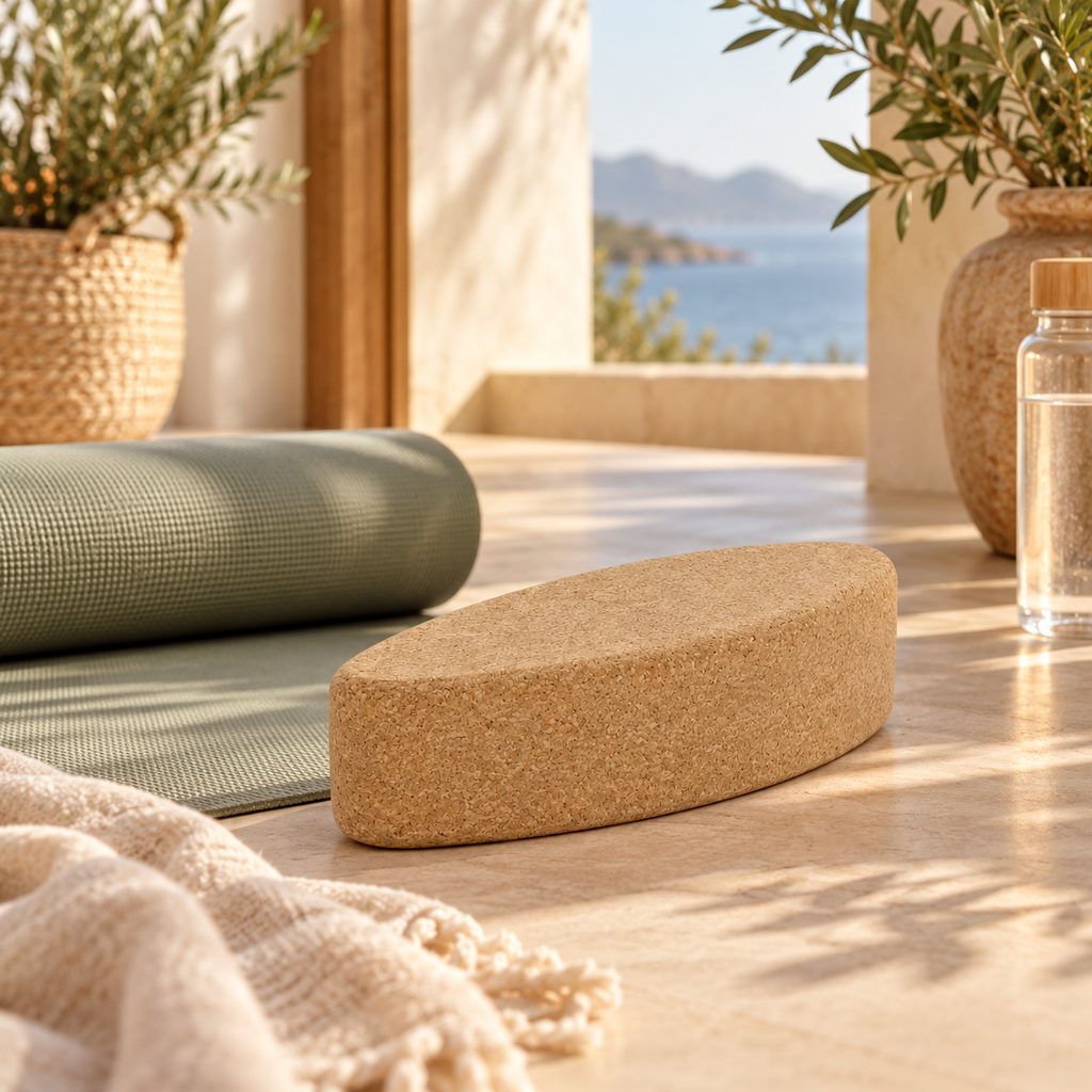 Cork Yoga Egg Block in a warm Mediterranean-inspired wellness studio
