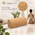 Cork yoga quarter-round block editorial collage with CorkMart branding, product texture, use and dimensions