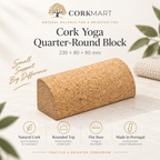 Cork yoga quarter-round block infographic with CorkMart branding, 230 × 80 × 80 mm dimensions, natural cork and Made in Portugal