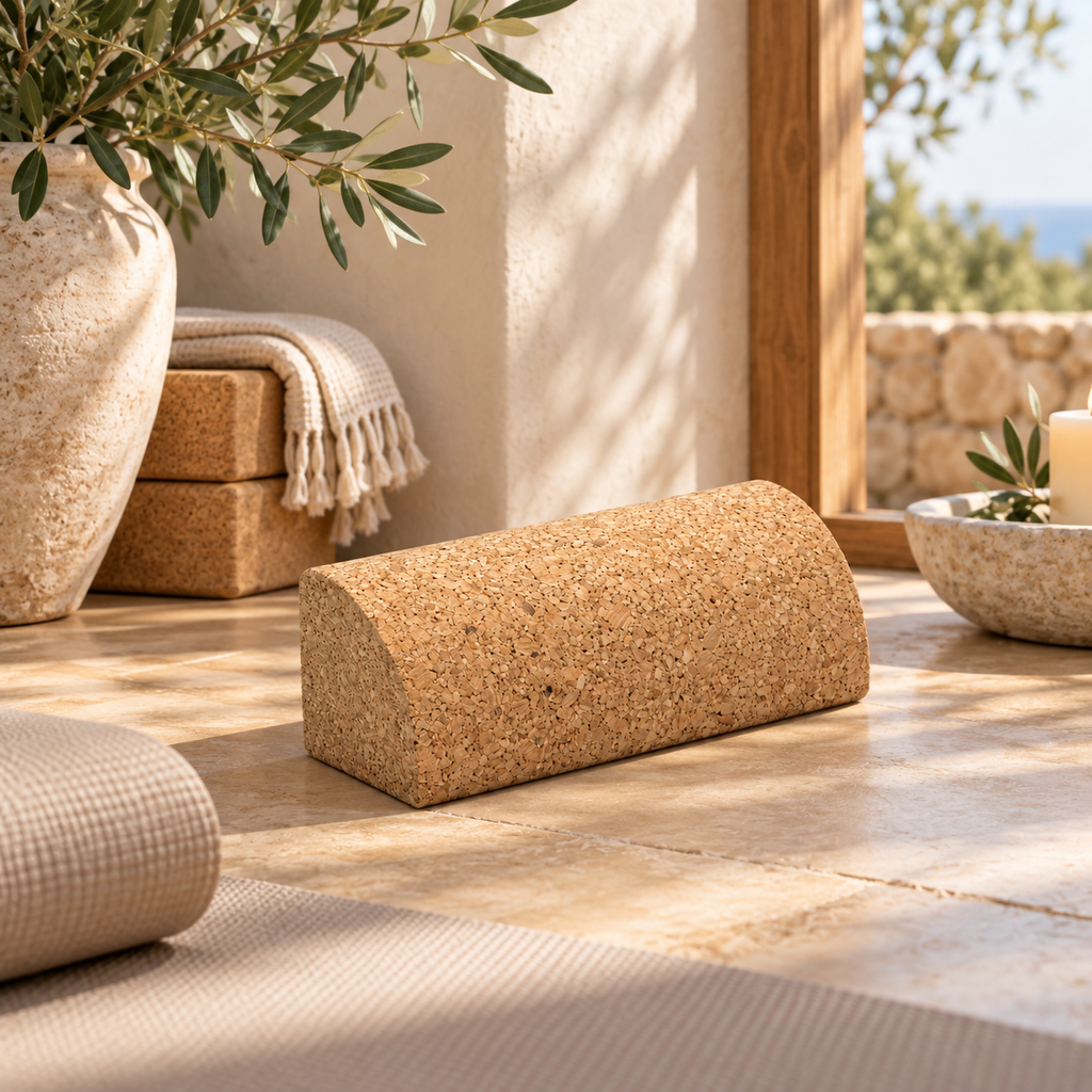 Cork yoga quarter-round block in a warm Mediterranean-inspired wellness studio