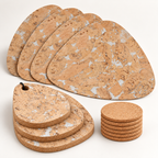 Pick Snow White 13-piece cork table set: four Pick placemats, three tear-shaped trivets and six natural round coasters, complete studio hero