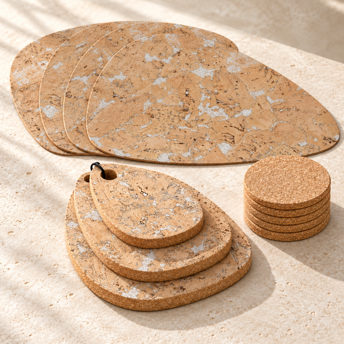 Pick Snow White table set photographed at an angle, showing four 3 mm placemats, three 15 mm trivets and six cork coasters