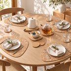 Pick Snow White cork set laid out for four at a breakfast table with matching tear-shaped trivets