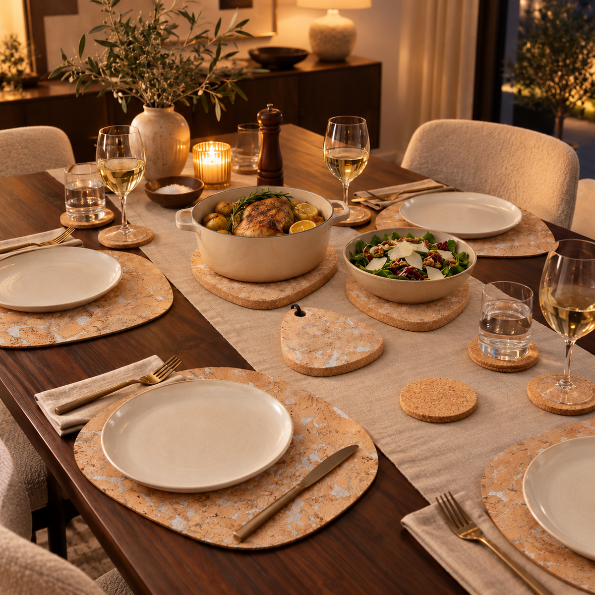 Pick Snow White four-person dining setting with four Pick placemats, six natural round coasters and three graduated tear-shaped trivets