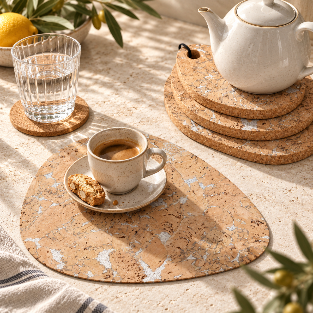 Realistic coffee table scene with Pick Snow White cork placemat, round coaster and three graduated tear-shaped trivets