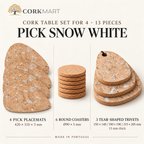 CorkMart Pick Snow White 13-piece set sizing guide: four 420 × 310 × 3 mm placemats, six Ø90 × 5 mm coasters, three 15 mm thick tear trivets