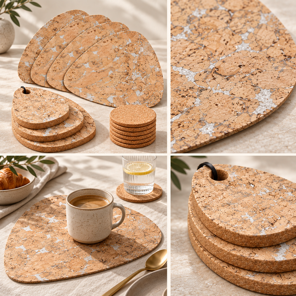 Editorial four-panel collage of Pick Snow White cork placemats, natural coasters and graduated tear-shaped trivets