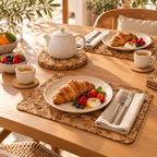 Angola cork table set in a sunlit breakfast setting with cork placemats, coasters and round trivet