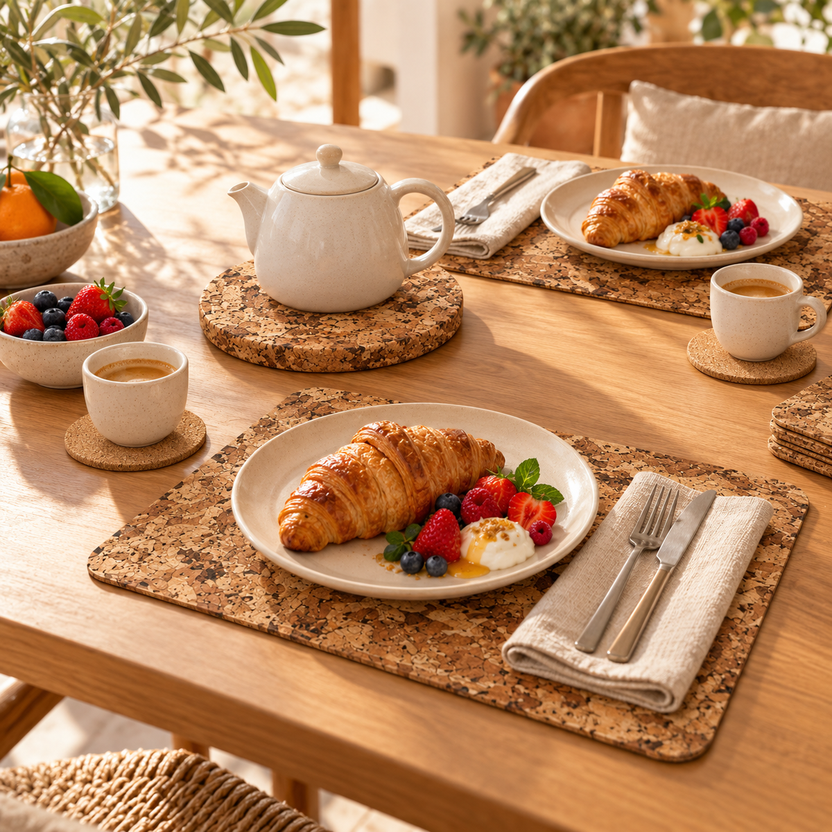 Angola cork table set in a sunlit breakfast setting with cork placemats, coasters and round trivet