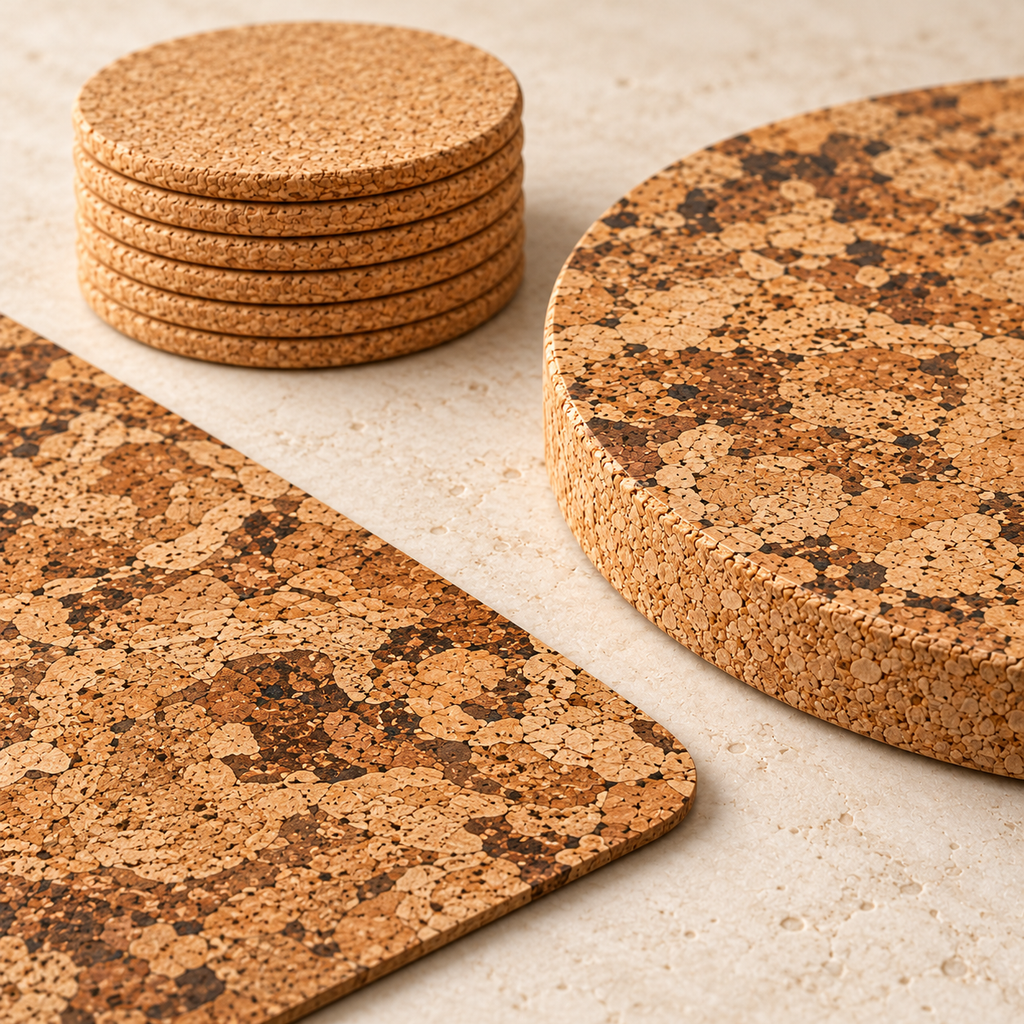 Close-up of Angola cork textures on the placemat and 20 mm round trivet with plain natural cork coasters